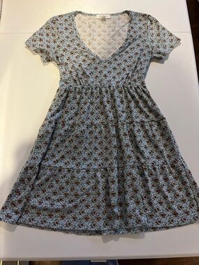 Women’s Floral V-Neck Dress - Light Blue with Rust Floral